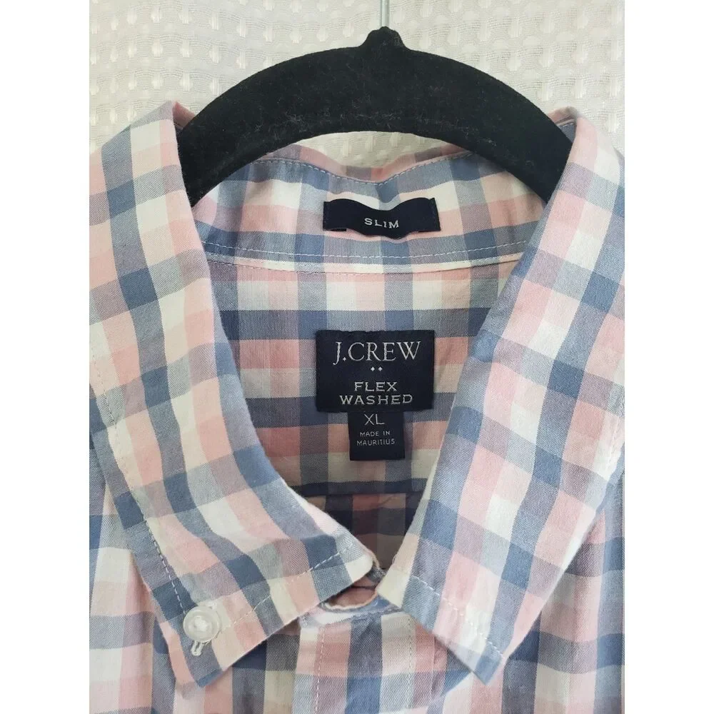 J Crew Long Sleeve Shirt Mens XL Slim Flex Wash Blue Pink Gingham Easter Spring